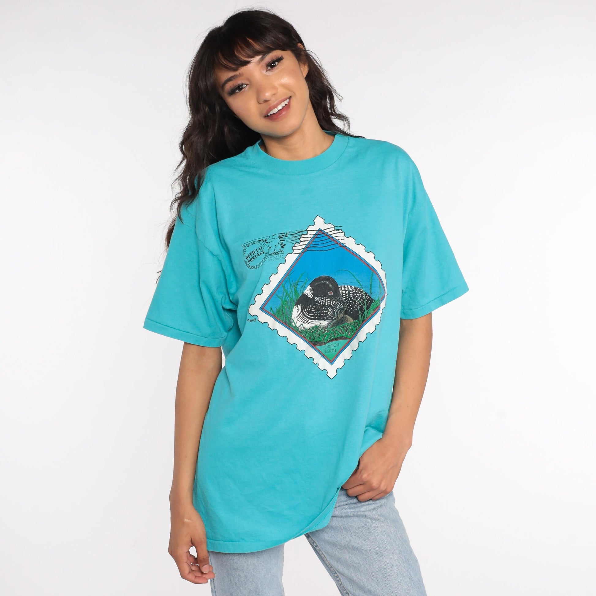 80s Common Loon Postage Stamp Graphic T-Shirt Bird Print Large