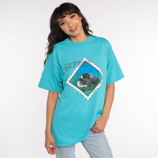 80s Common Loon Postage Stamp Graphic T-Shirt Bird Print Large