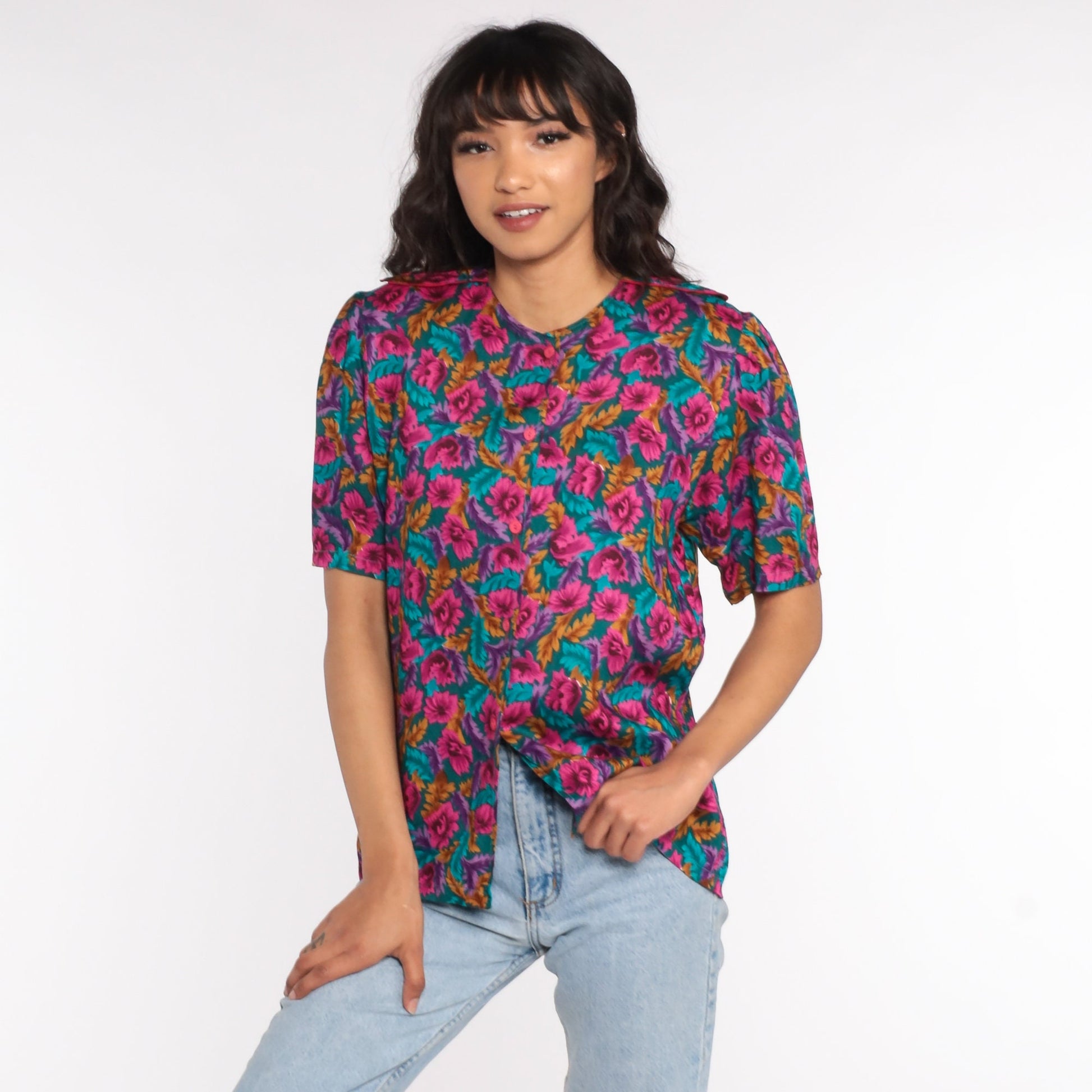80s Floral Puff Sleeve Button-Up Blouse Turquoise Pink Medium