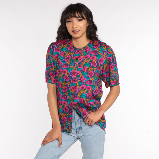 80s Floral Puff Sleeve Button-Up Blouse Turquoise Pink Medium