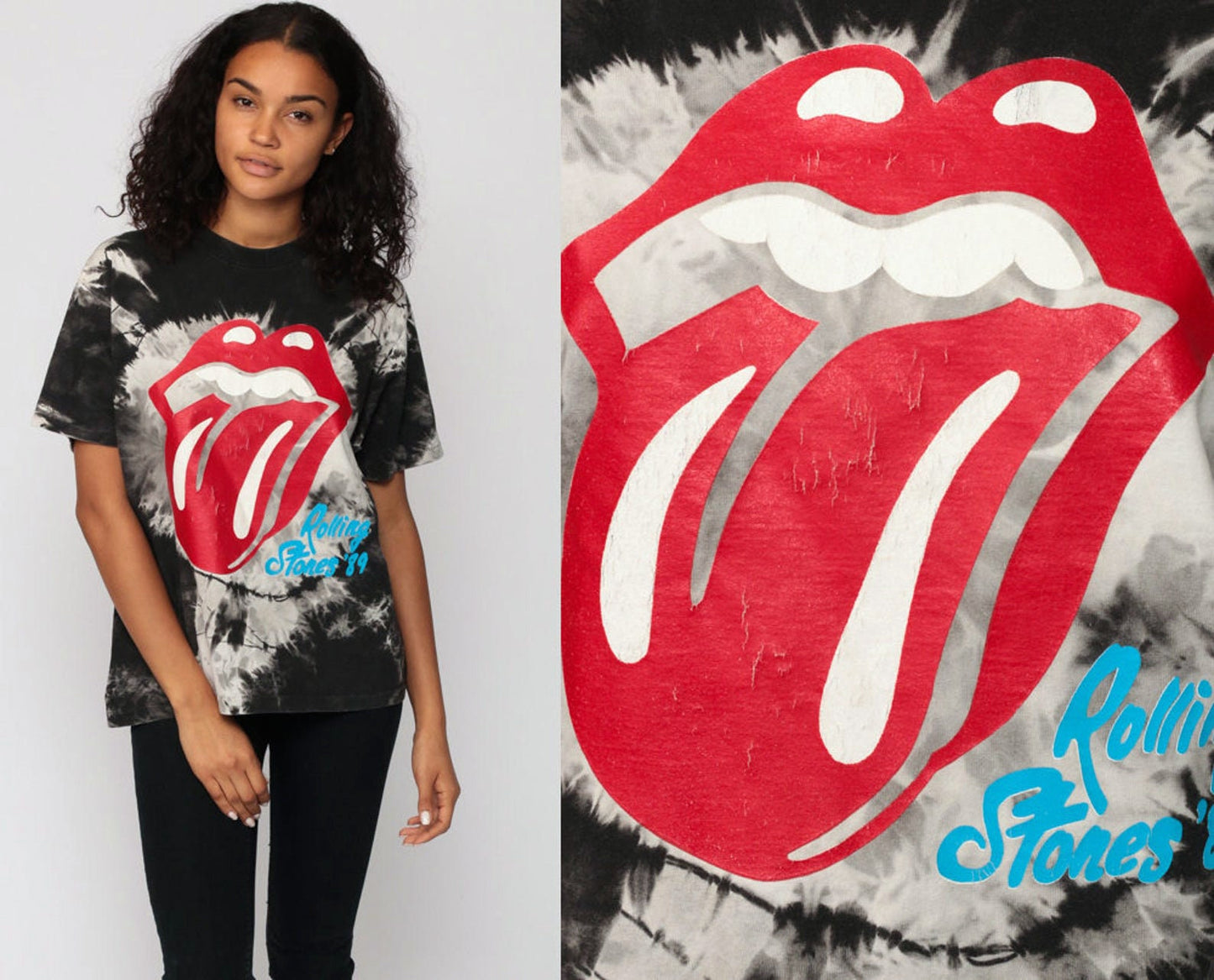 Rolling Stones Steel Wheels Tour 1989 Tie Dye Band Tee Black Medium