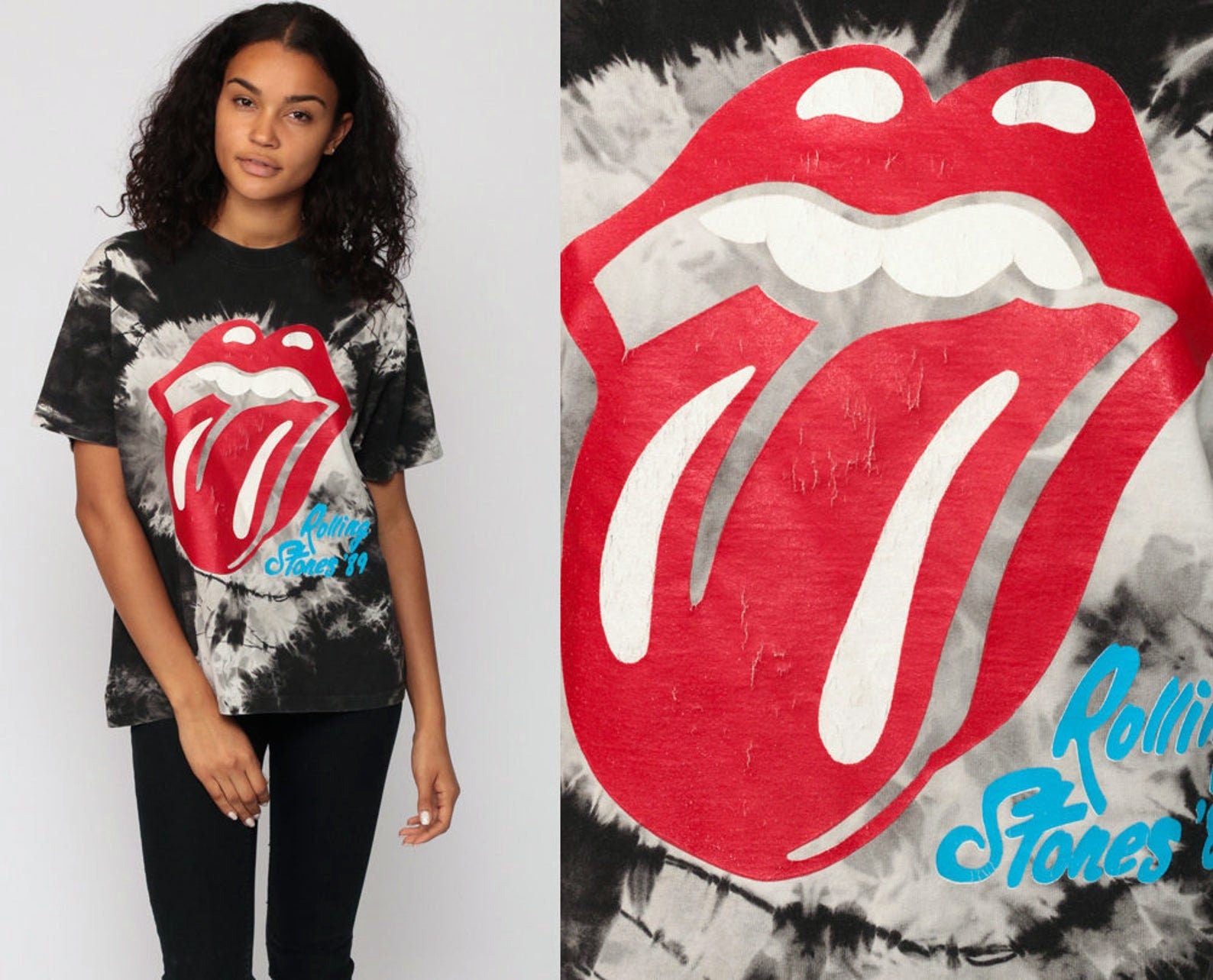 Rolling Stones Steel Wheels Tour 1989 Tie Dye Band Tee Black Medium