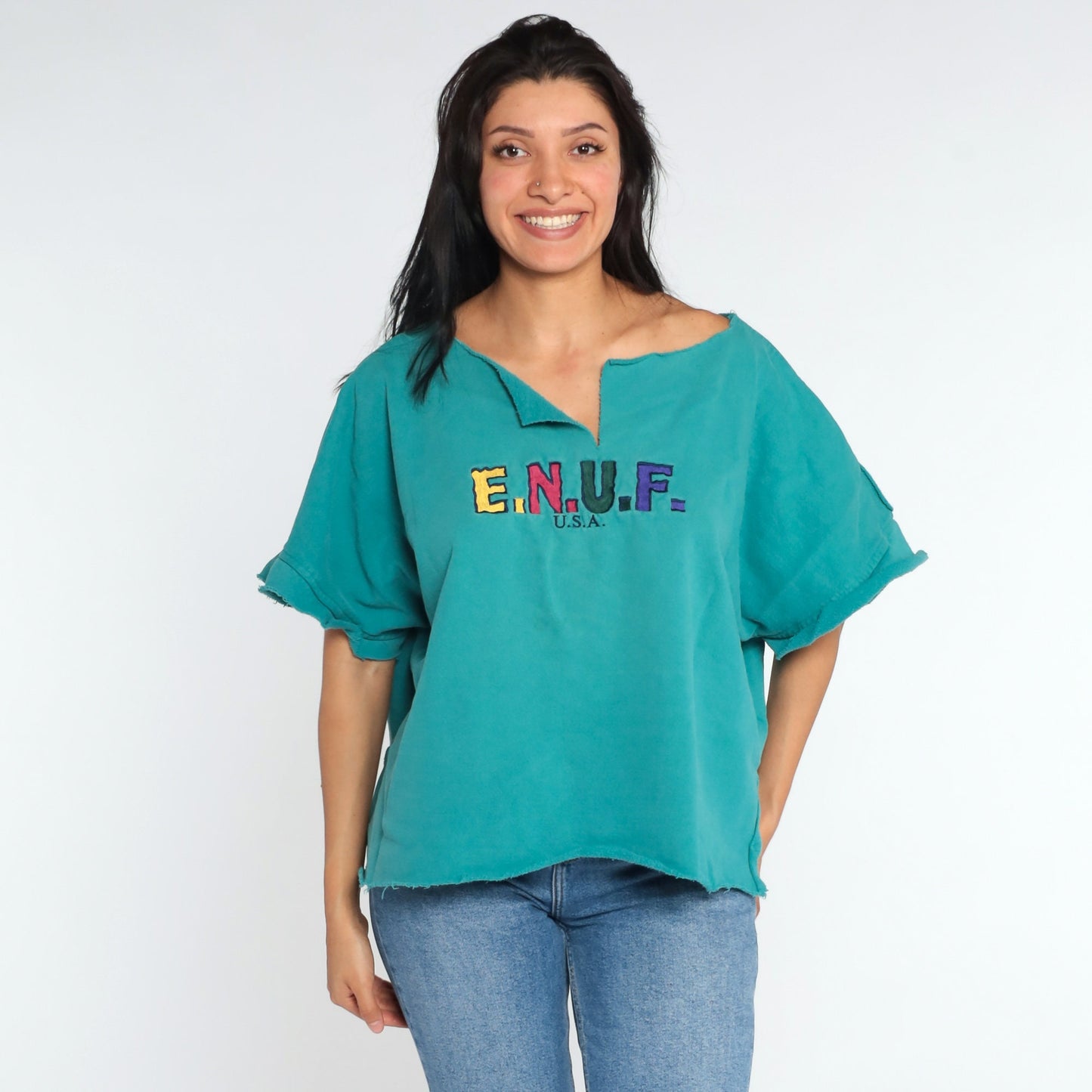 90s Enuf Rainbow Spellout T-Shirt Turquoise Green Cutoff Large