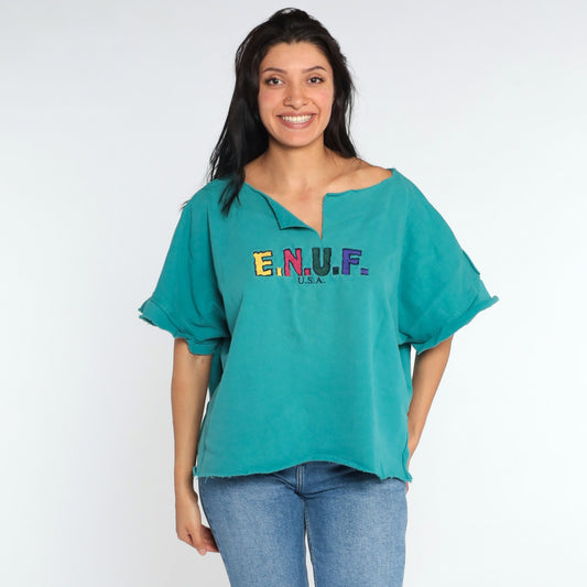 90s Enuf Rainbow Spellout T-Shirt Turquoise Green Cutoff Large