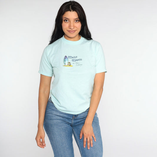 80s Make Waves at Your Library Graphic Tee Aqua Blue Iron On Small