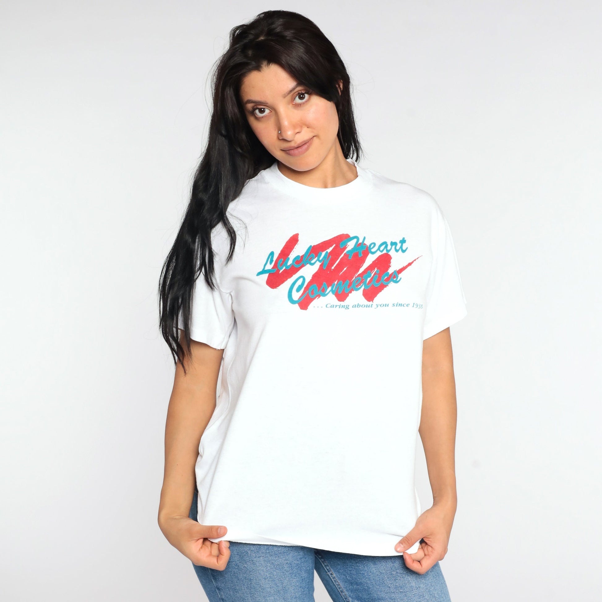 Lucky Heart Cosmetics Graphic T-Shirt Single Stitch White Vintage Tee Large