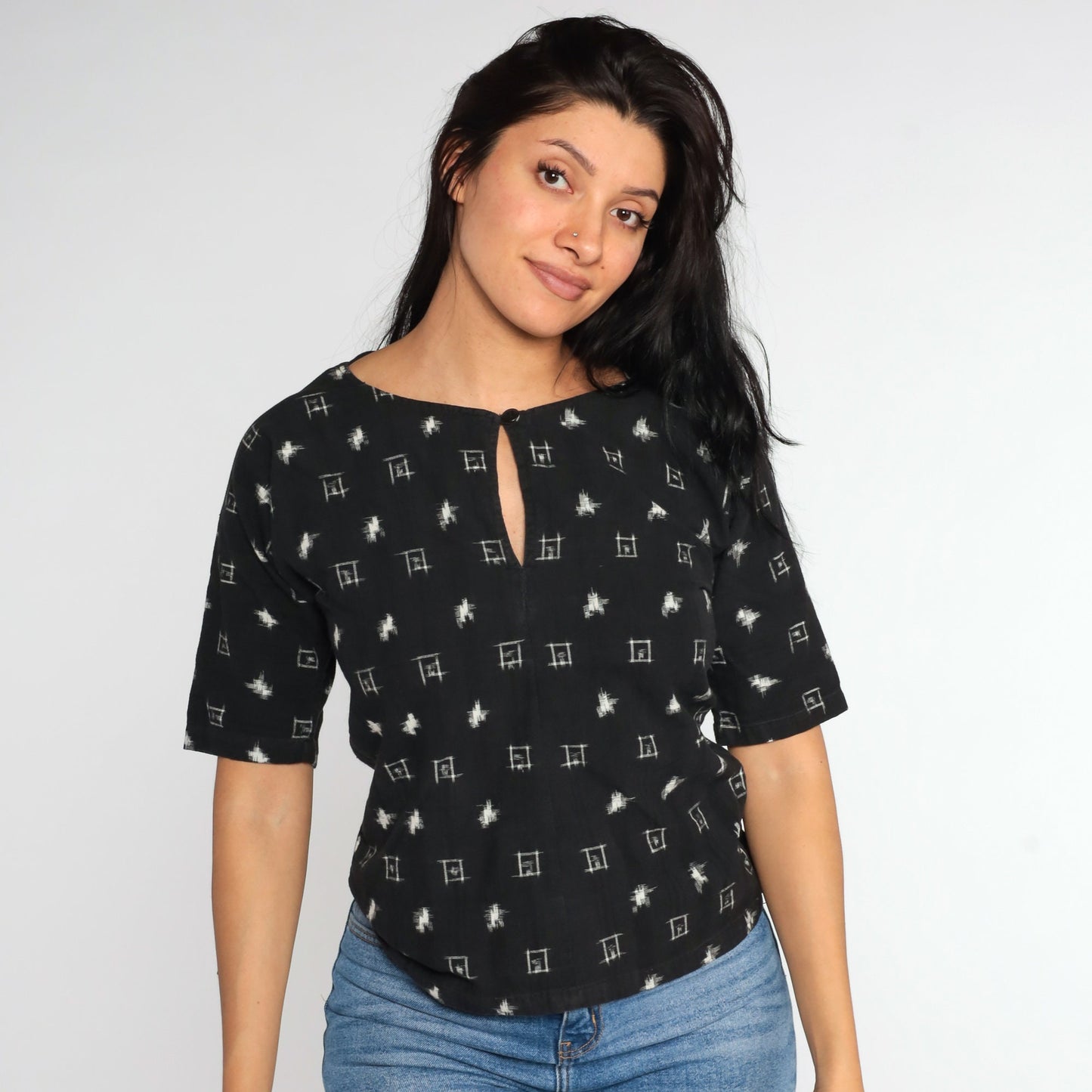 90s Geometric Black Blouse Keyhole Cutout Short Sleeve Small S