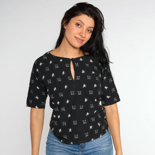 90s Geometric Black Blouse Keyhole Cutout Short Sleeve Small S