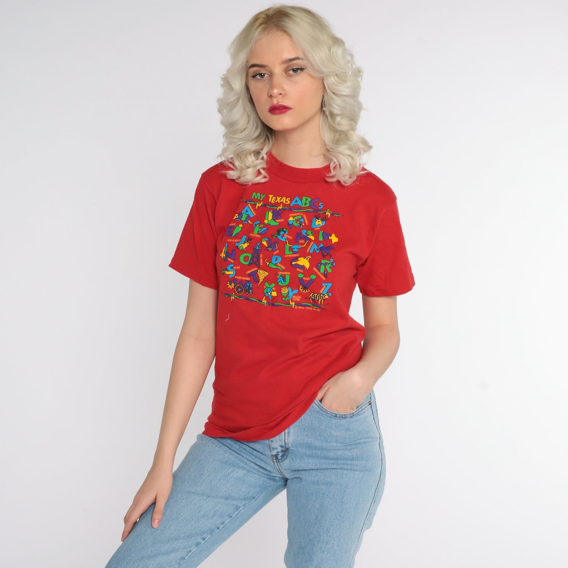 90s Texas ABCs Graphic T-Shirt Red Cotton Tee Extra Small XS