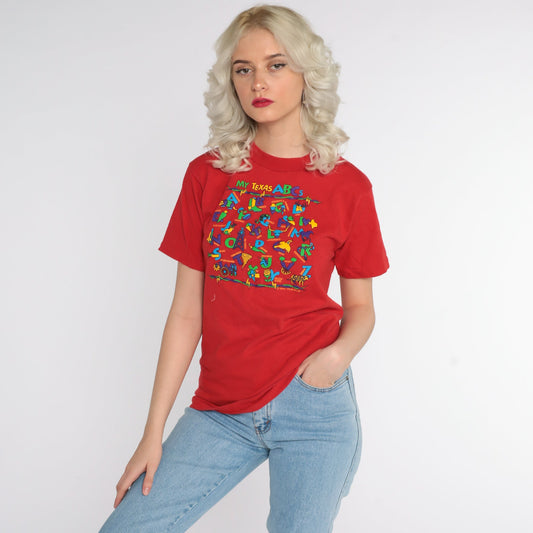 90s Texas ABCs Graphic T-Shirt Red Cotton Tee Extra Small XS