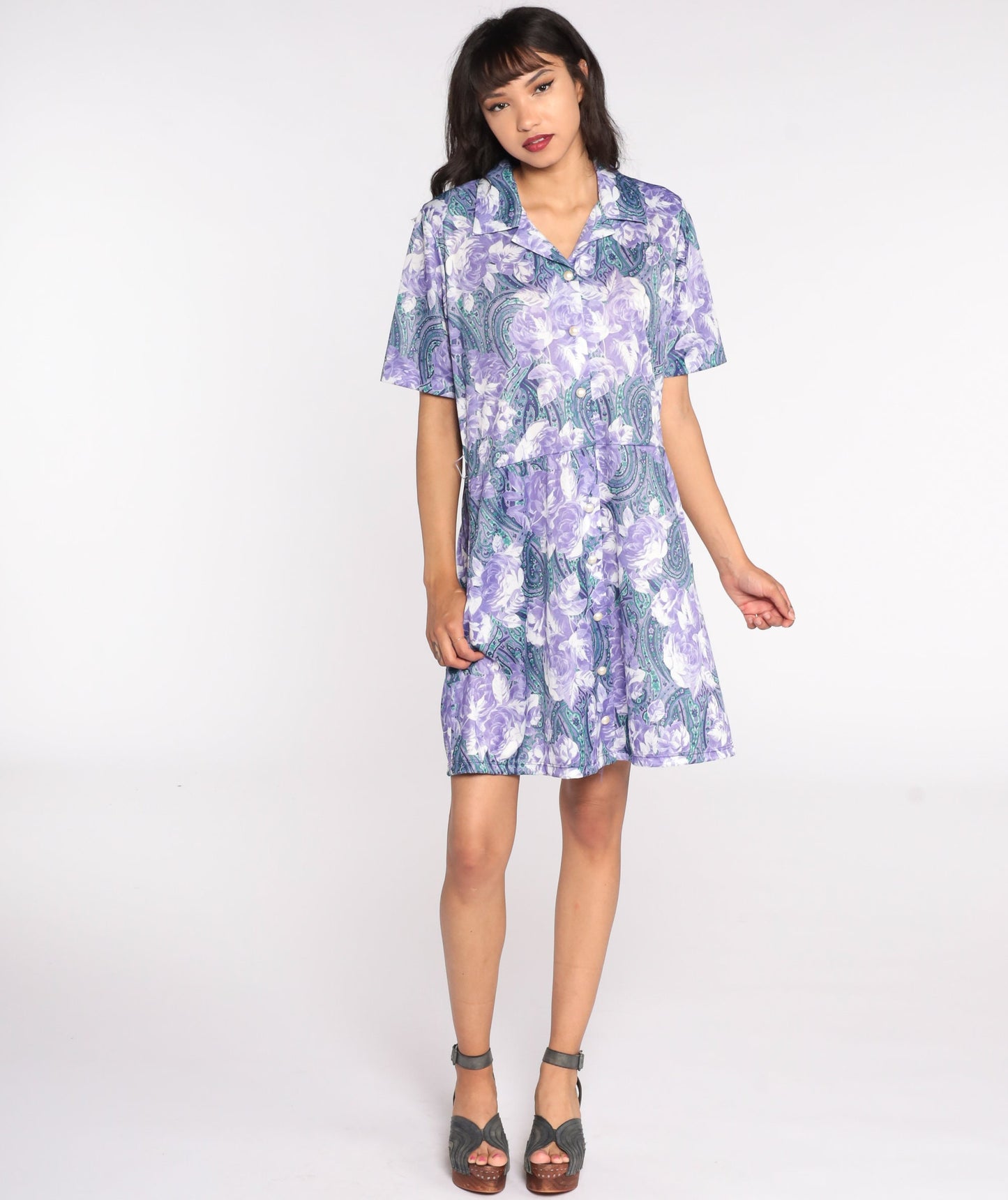 80s Purple Floral Mini Dress High Waisted Button Front Short Sleeve Large