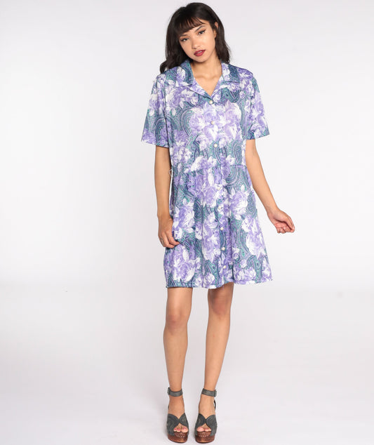 80s Purple Floral Mini Dress High Waisted Button Front Short Sleeve Large