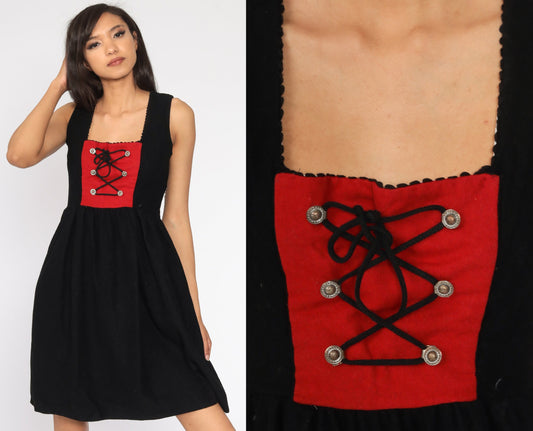 90s German Dirndl Dress Wool Black Mini Lace-Up Corset Small S
