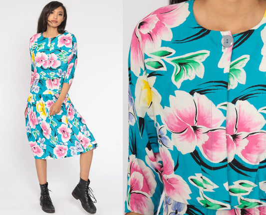 80s Floral Midi Dress Turquoise Drop Waist Button Up 3/4 Sleeve Small