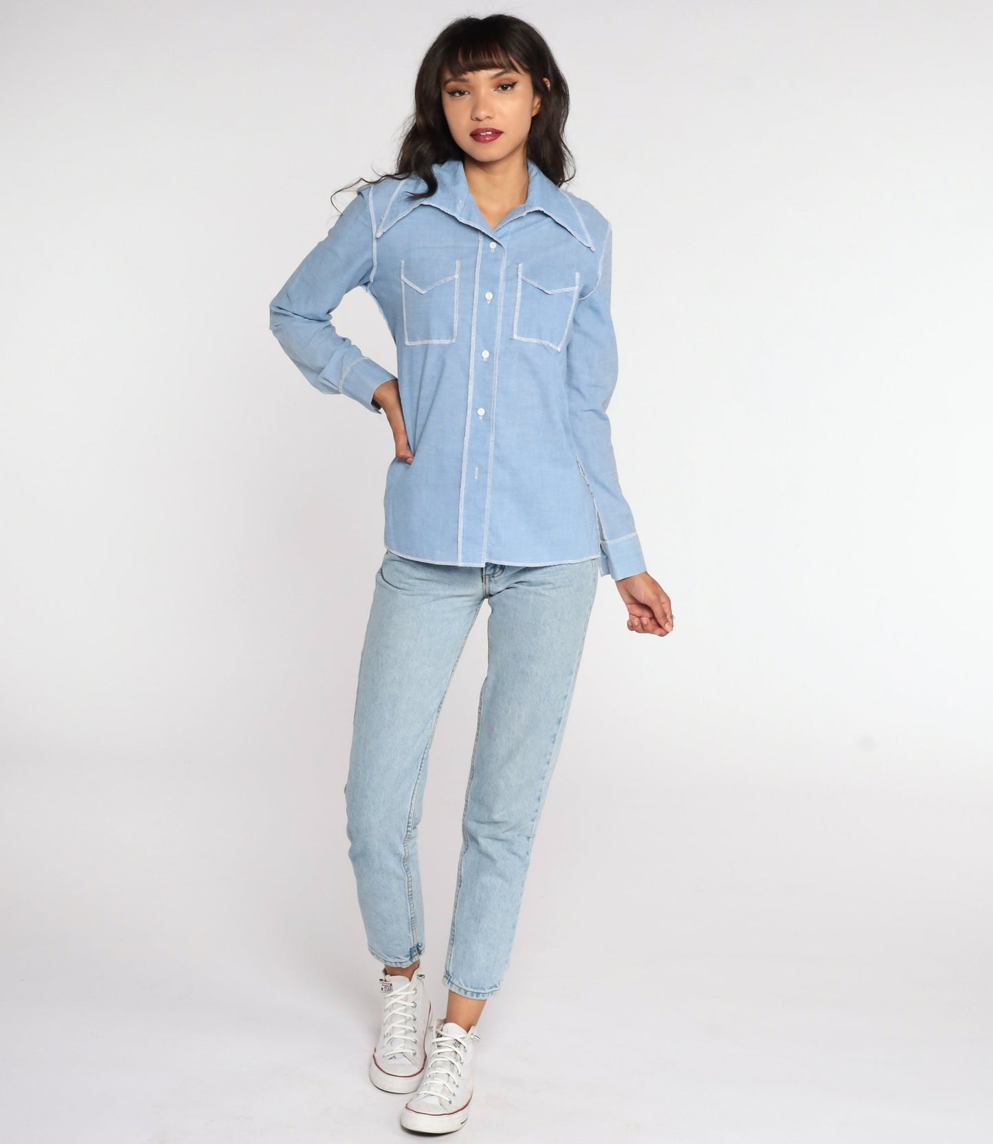 70s Blue Chambray Cotton Button-Up Shirt Long Sleeve Medium