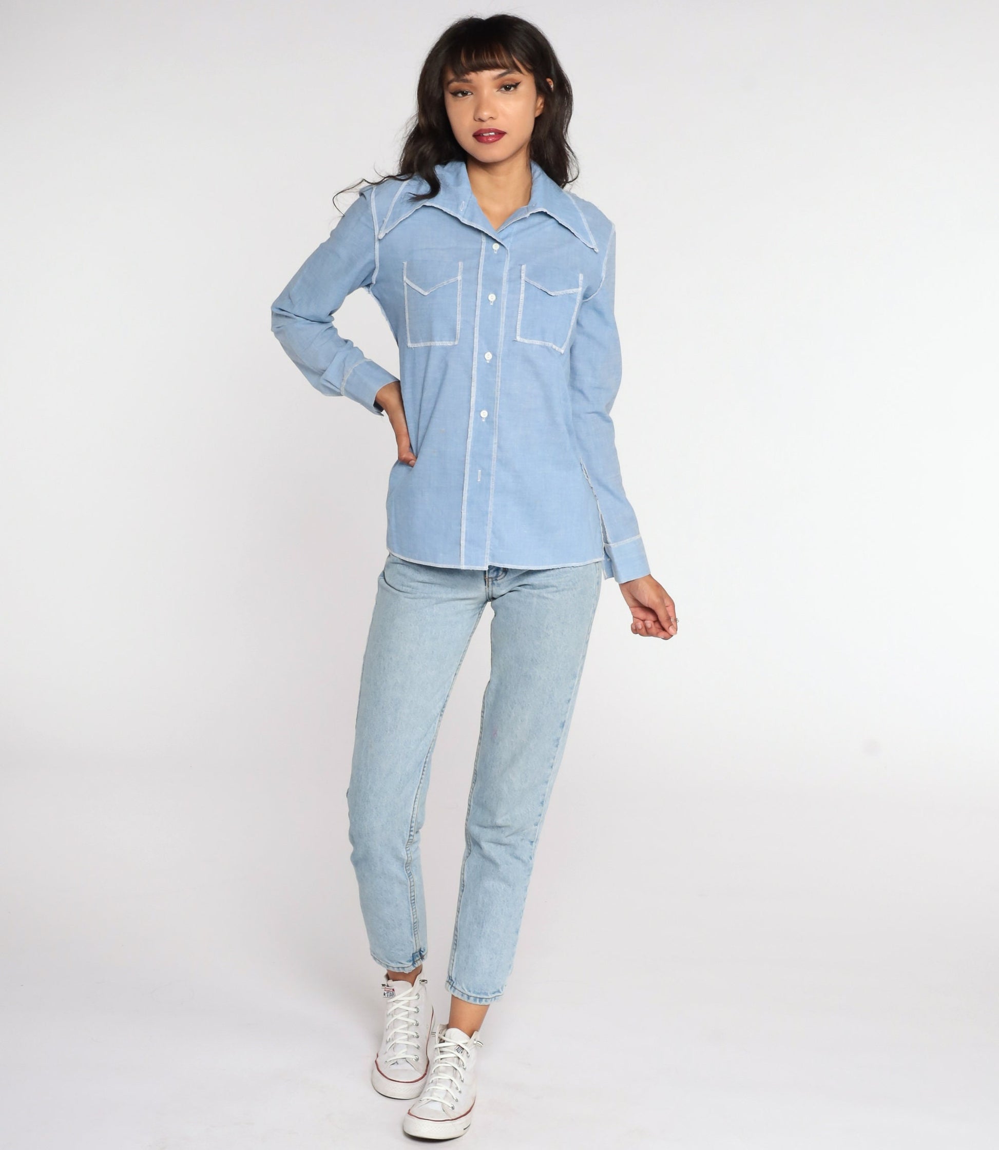 70s Blue Chambray Cotton Button-Up Shirt Long Sleeve Medium