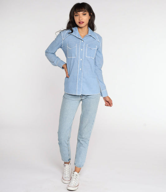 70s Blue Chambray Cotton Button-Up Shirt Long Sleeve Medium