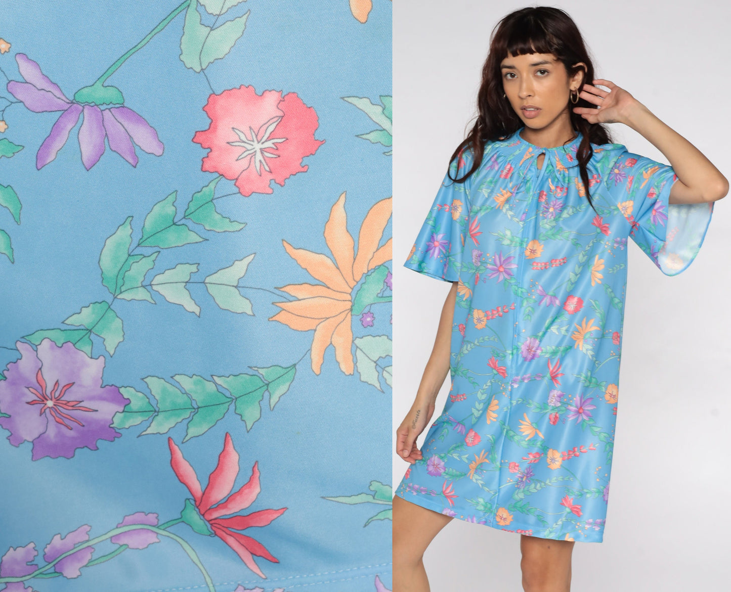70s Blue Floral Mini Shift Dress Flutter Sleeve Front Zip Lounge Small