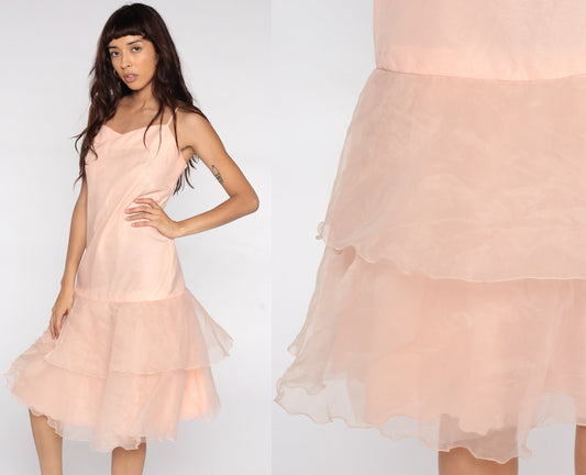 80s Pink Organza Slip Dress Midi Drop Waist Spaghetti Strap Small
