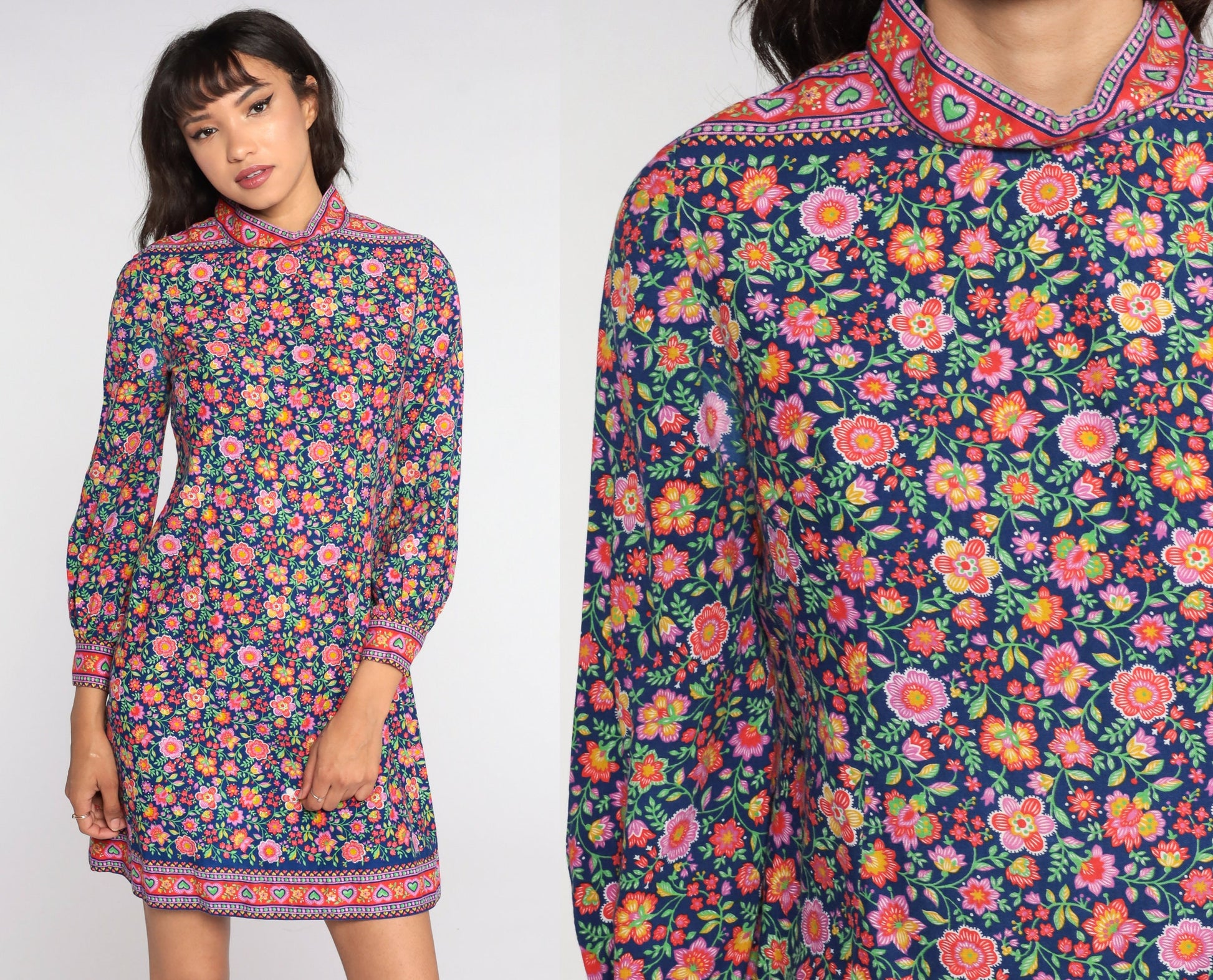 60s Psychedelic Floral Mini Shift Dress Balloon Sleeve Blue Purple Small