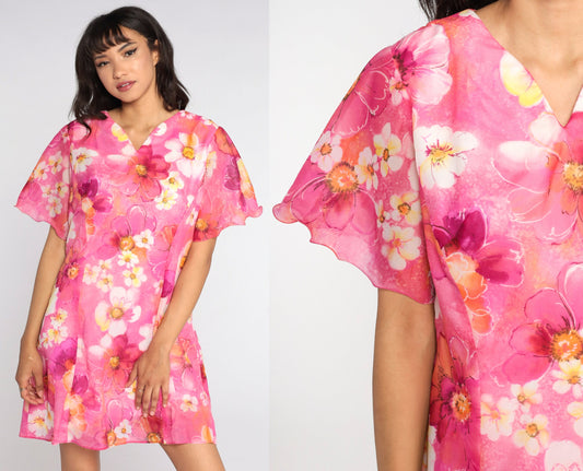 70s Pink Floral Mini Dress Flutter Sleeve Shift Dress Large 12