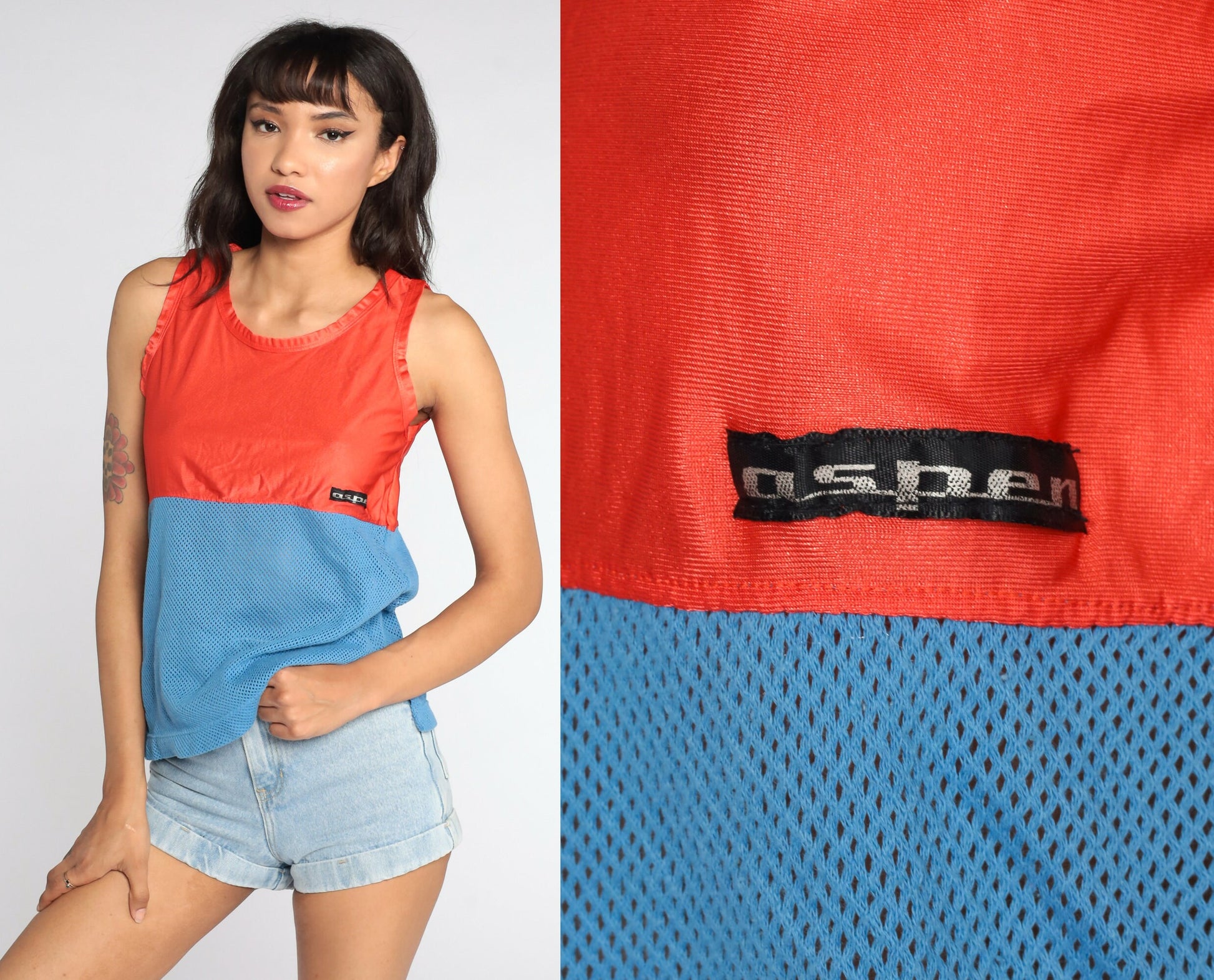 80s Aspen Mesh Tank Top Sheer Nylon Orange Blue Colourblock Small