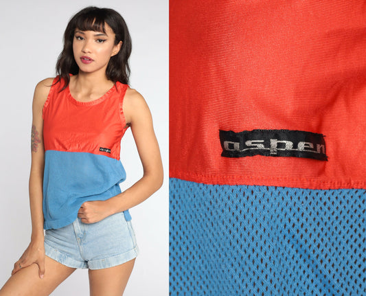 80s Aspen Mesh Tank Top Sheer Nylon Orange Blue Colourblock Small