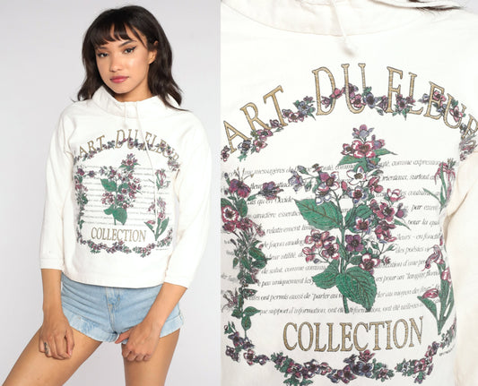 90s L'Art Du Fleur French Floral Graphic Tee Drawstring Neck Long Sleeve Extra Small