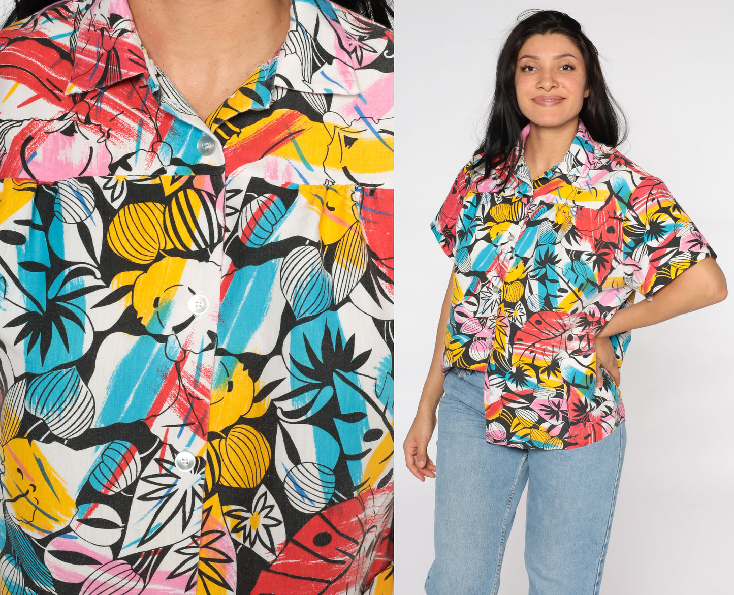 80s Tropical Leaf Print Button Up Shirt Short Sleeve Blouse Extra Large XL