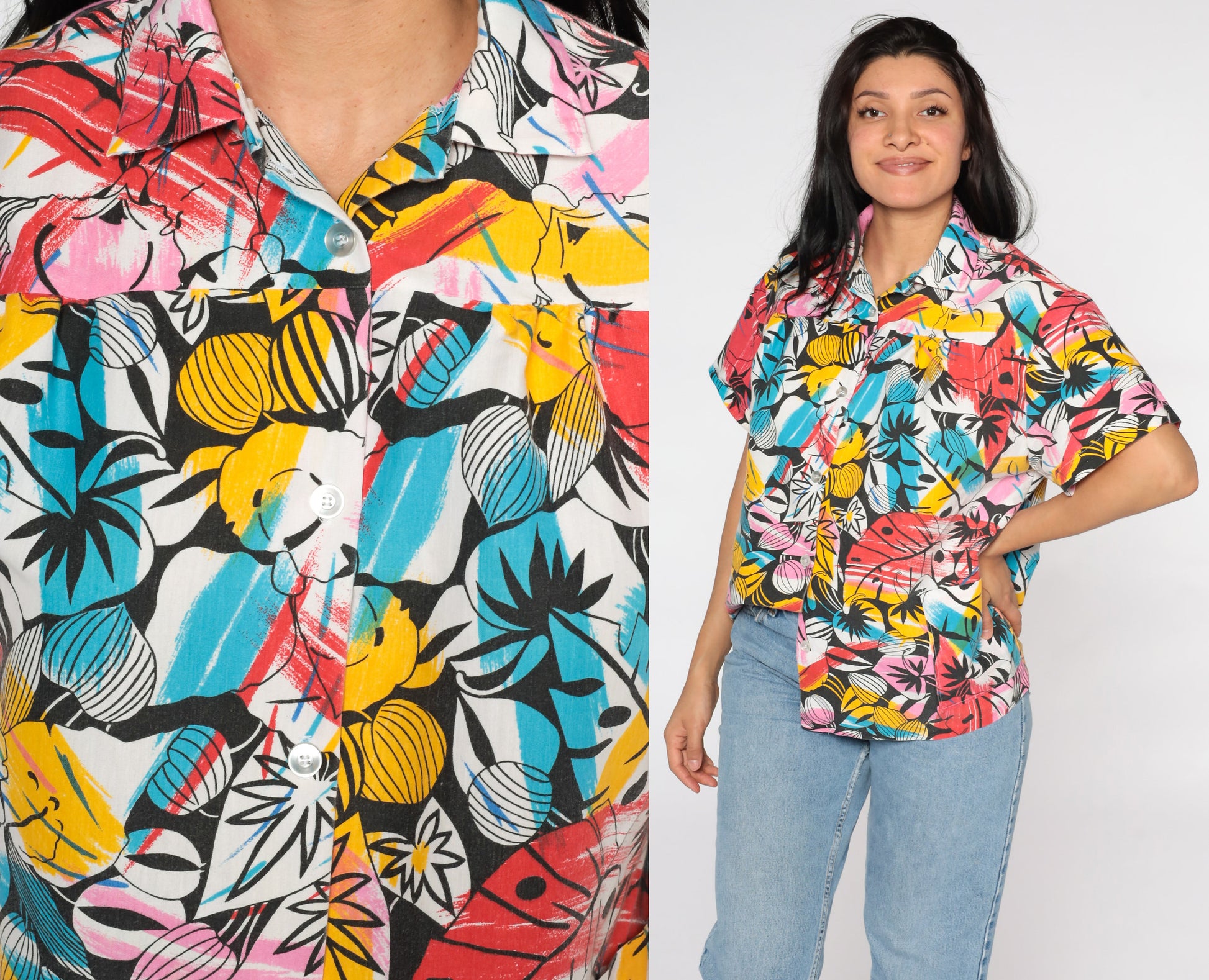 80s Tropical Leaf Print Button Up Shirt Short Sleeve Blouse Extra Large XL