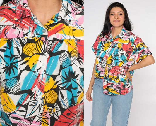 80s Tropical Leaf Print Button Up Shirt Short Sleeve Blouse Extra Large XL