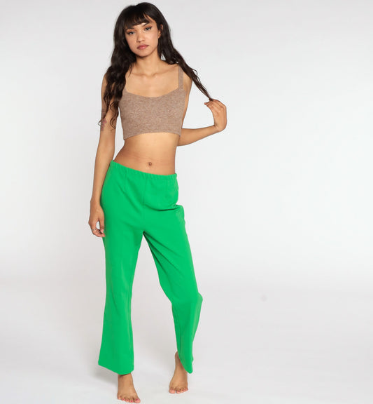 70s Green High Waist Bell Bottom Trousers Polyester Flared Medium Large
