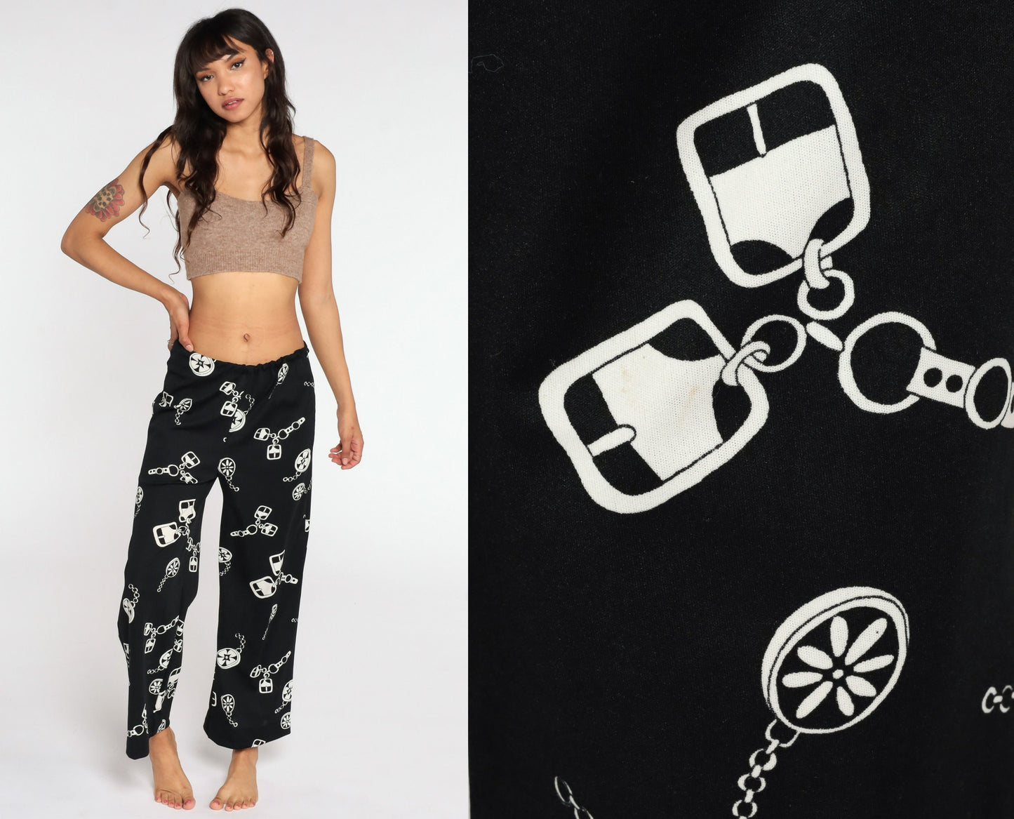70s Black White Chain Print High Waist Bell Bottom Trousers Medium