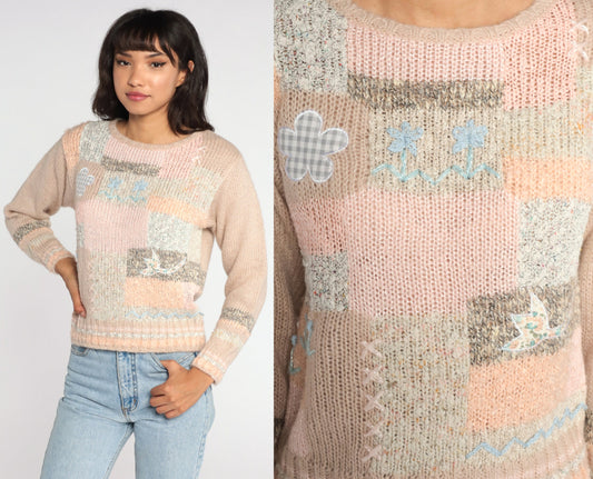 80s Patchwork Floral Embroidered Sweater Peach Wool Blend Small