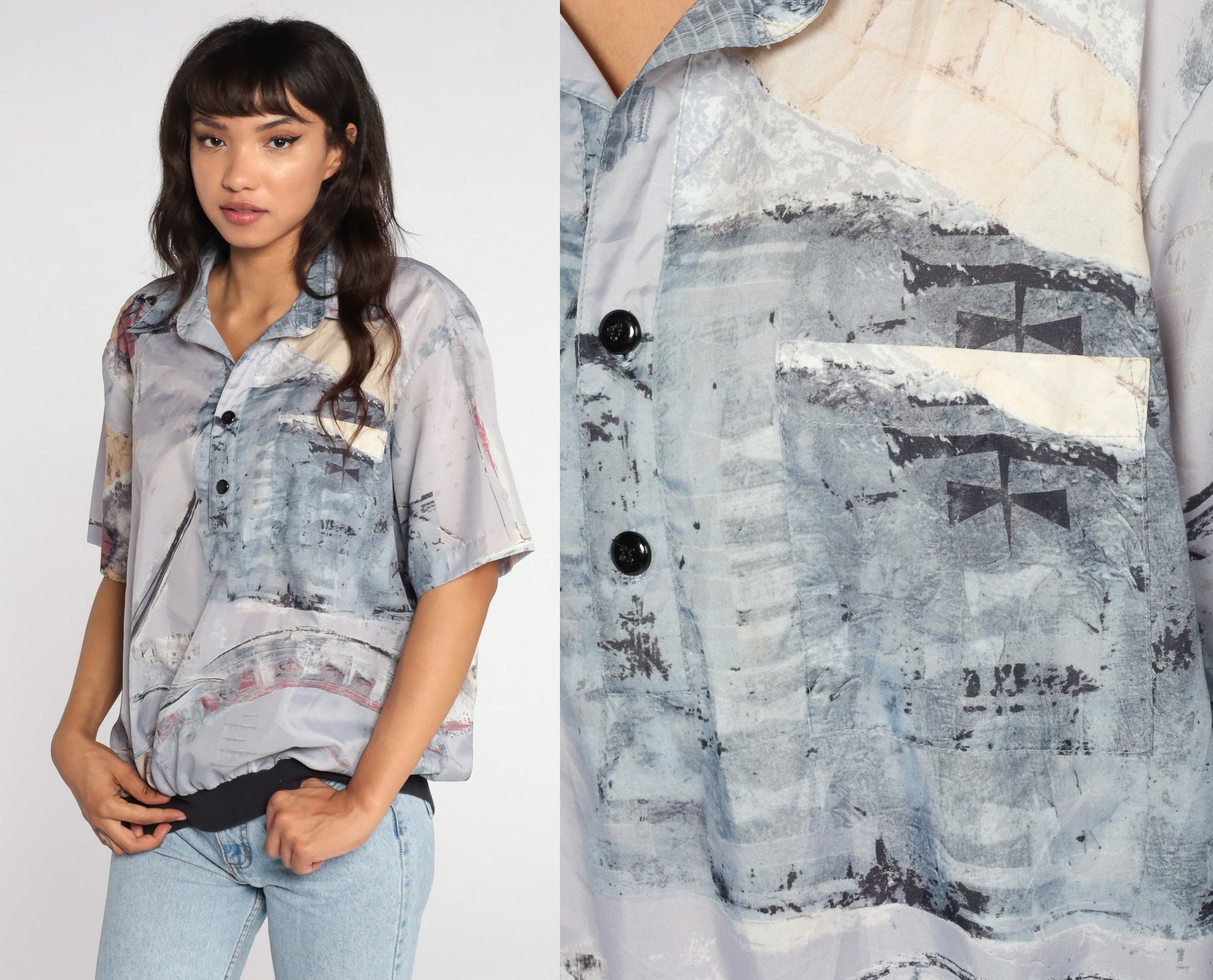 80s Abstract Brushstroke Button-Up Shirt Grey Polyester Blouse Large
