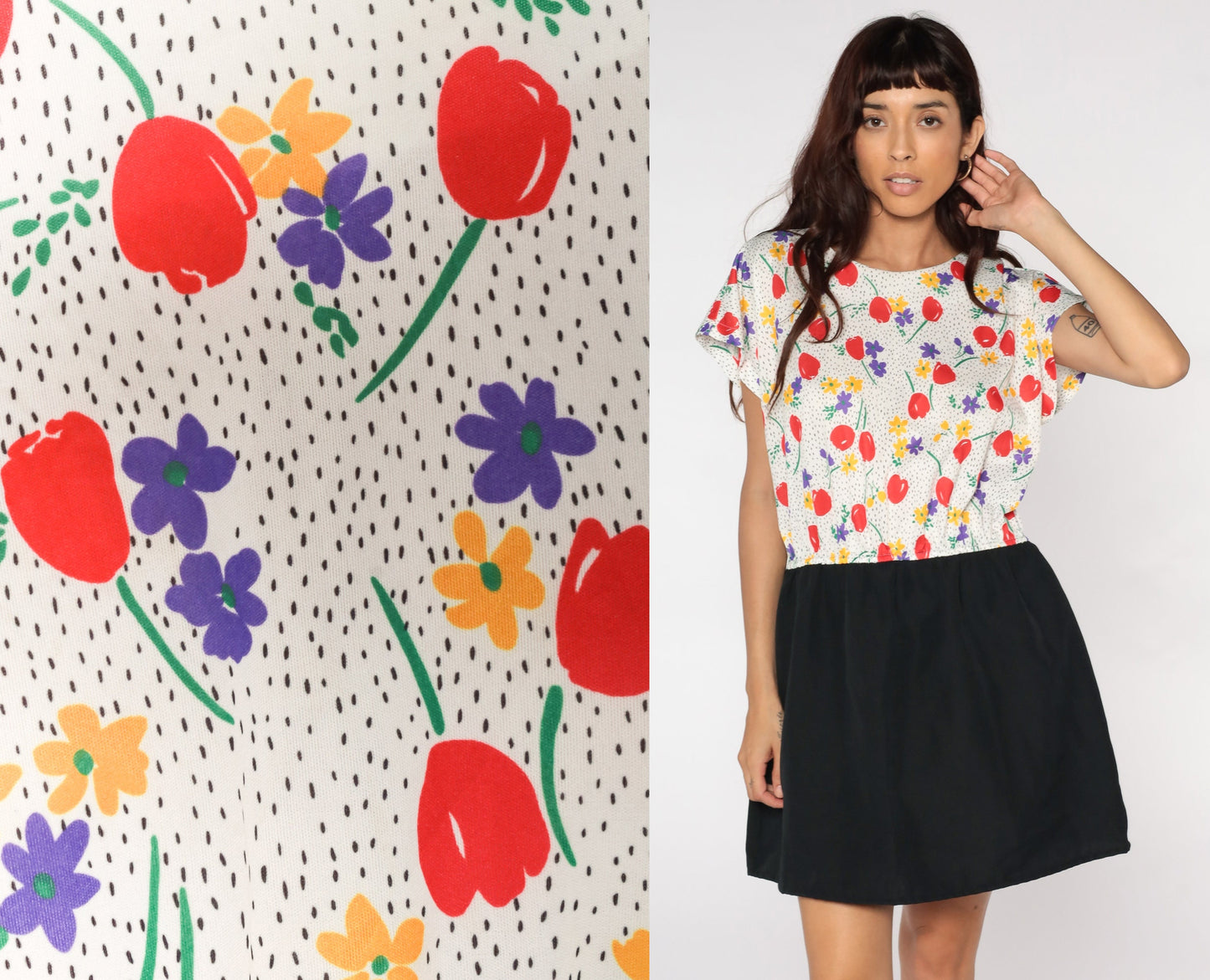 70s Floral Mini Dress White Bodice Black Skirt High Waist Wool Cap Sleeve Extra Large
