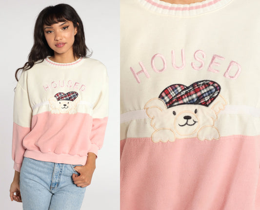 80s Teddy Bear Graphic Sweatshirt Pink Colour Block White Crewneck Small