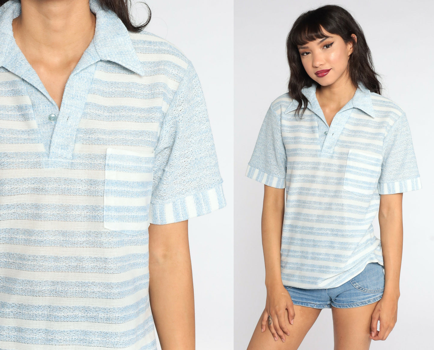 70s Striped Polo Shirt White Baby Blue Half-Button Collared Medium