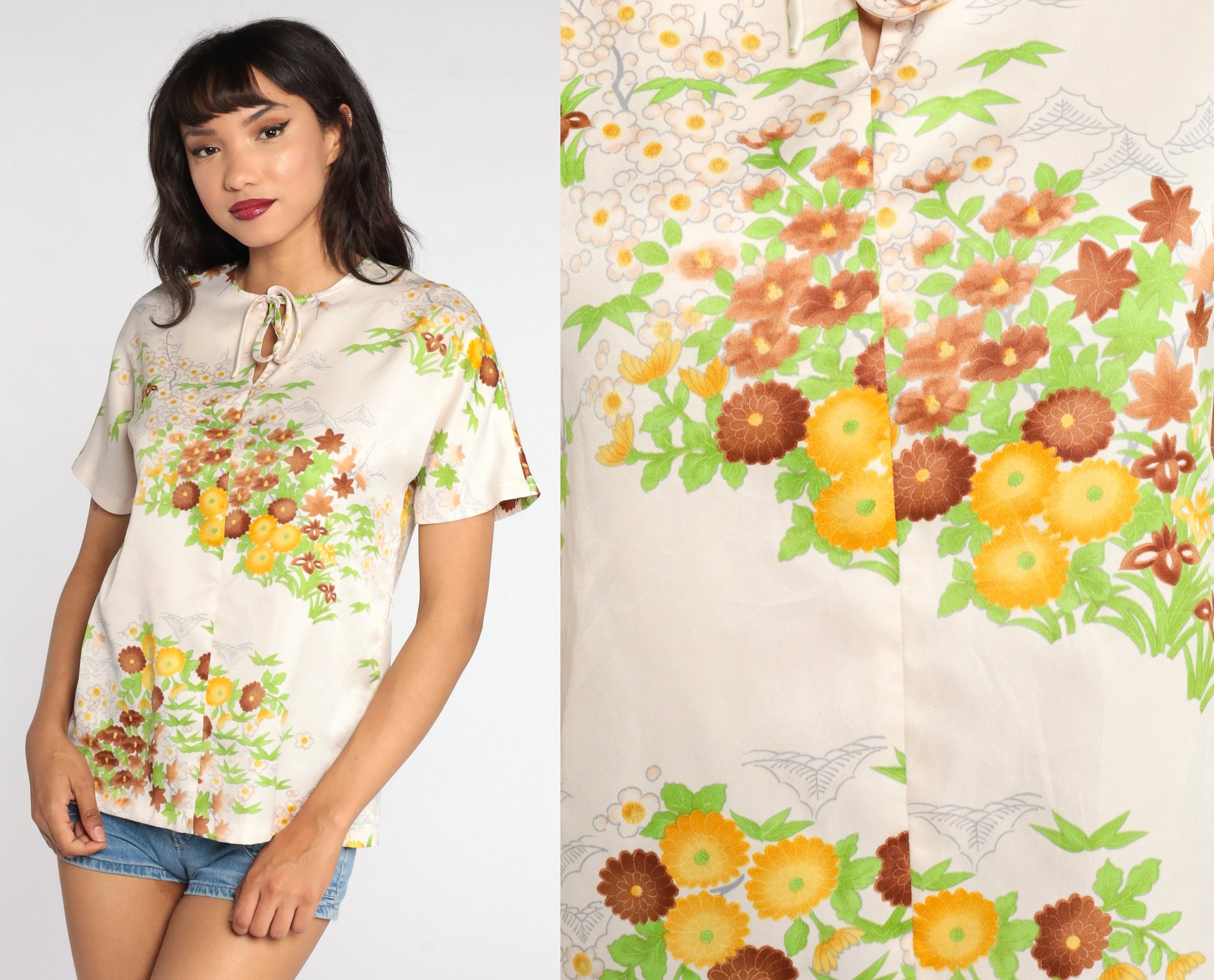 70s Floral Blouse Keyhole Neckline Yellow Off-White Shirt Small