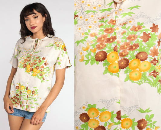 70s Floral Blouse Keyhole Neckline Yellow Off-White Shirt Small