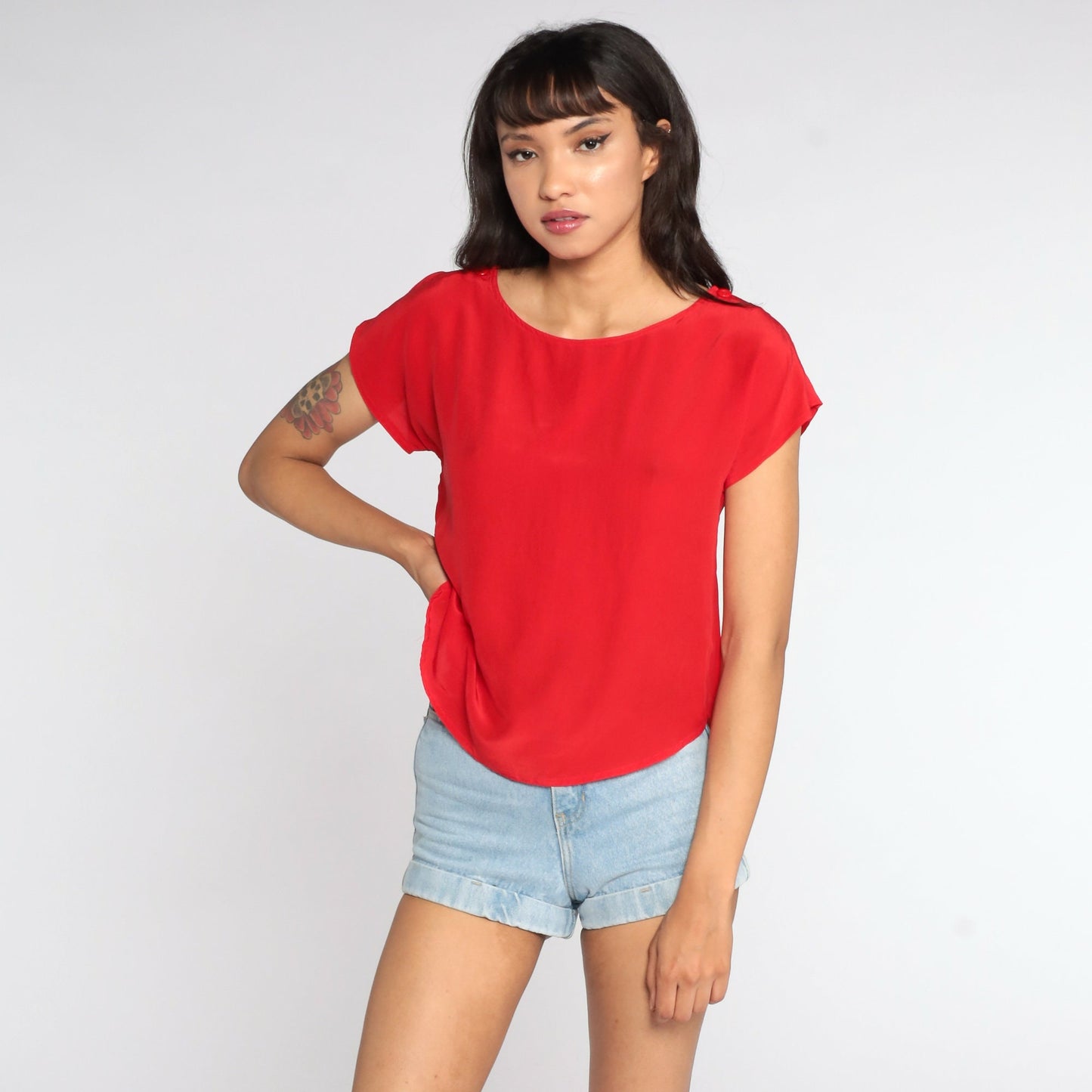 80s Red Silk Short Sleeve Blouse Jonathan Martin Small S