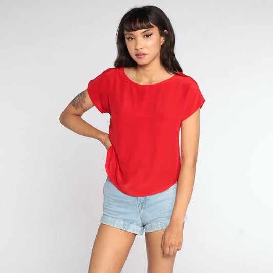 80s Red Silk Short Sleeve Blouse Jonathan Martin Small S