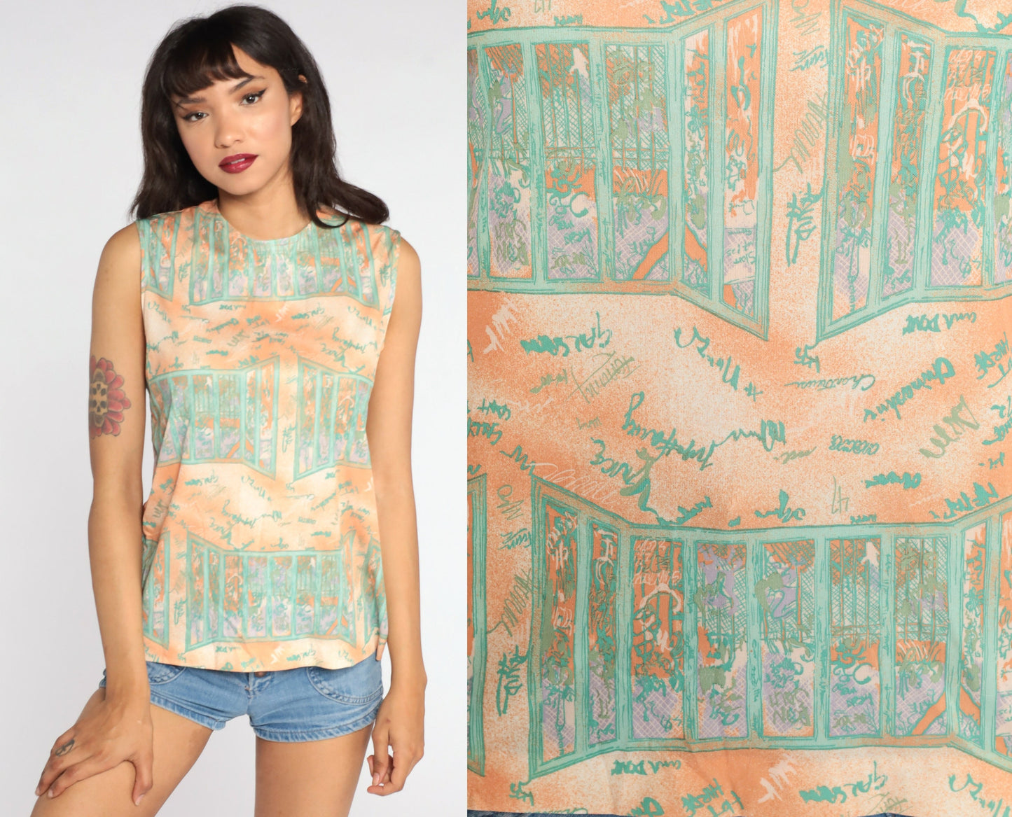 70s Psychedelic Window Print Tank Top Orange Sleeveless Blouse Small