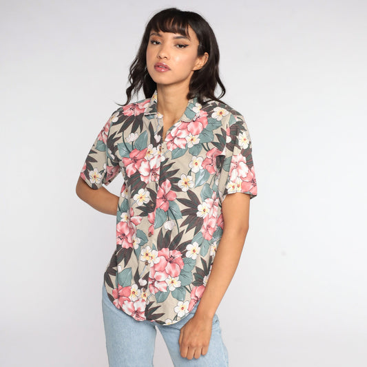 80s Tropical Floral Button-Up Shirt Taupe Flower Print Medium