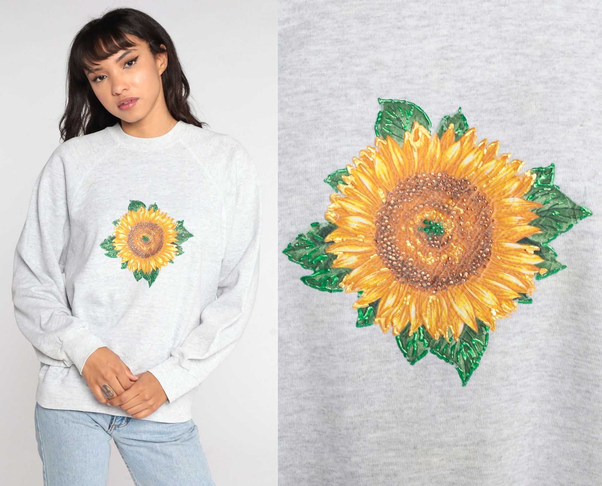 90s Sunflower Sweatshirt Grey Floral Raglan Graphic Pullover Large L