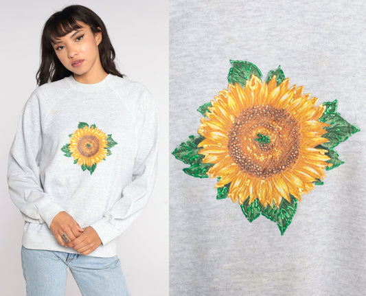 90s Sunflower Sweatshirt Grey Floral Raglan Graphic Pullover Large L