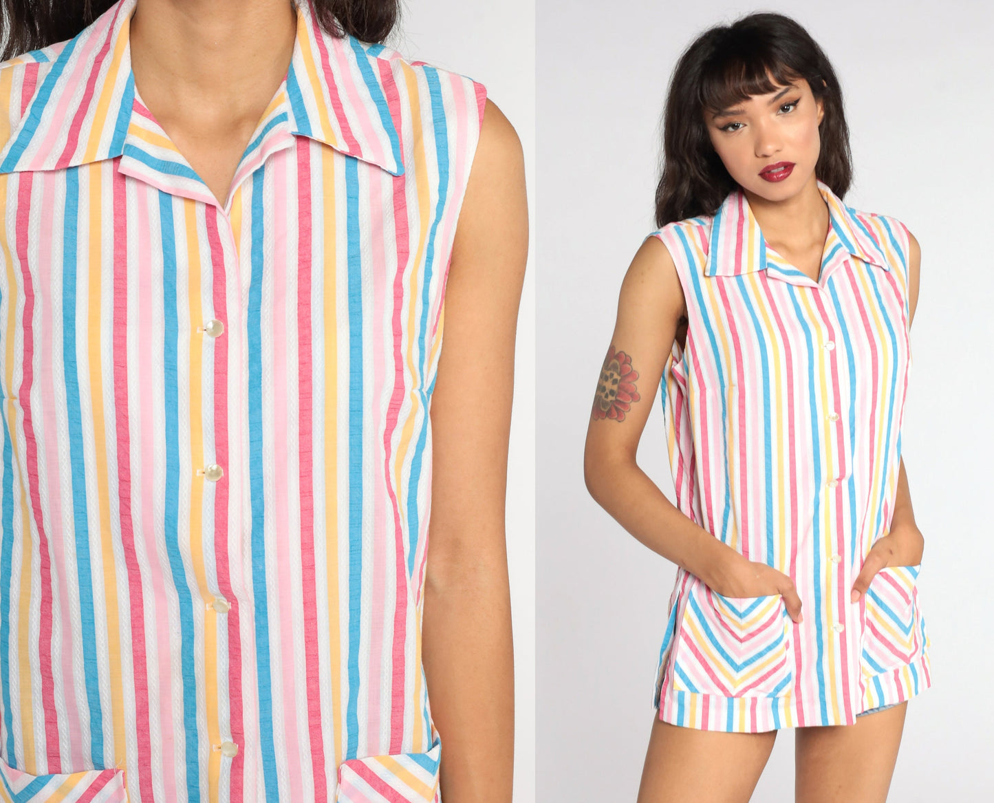 70s Rainbow Striped Button-Up Tank Top Sleeveless Blouse Medium Large