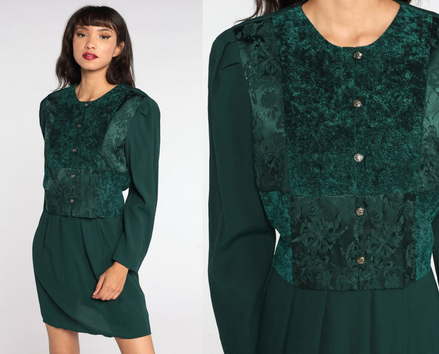 80s Green Mini Dress Button-Up Puff Sleeve Floral Embossed Large L