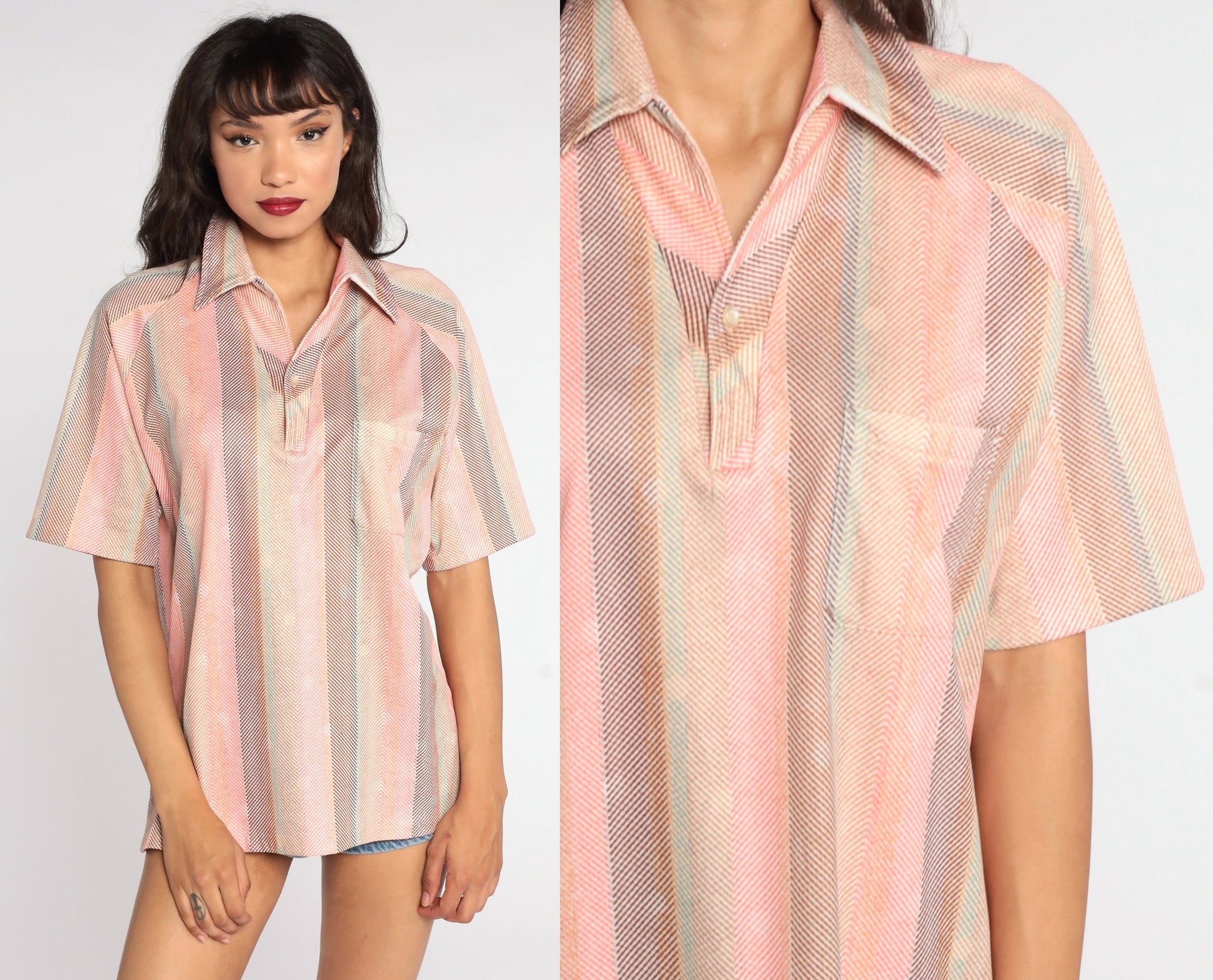 70s Pink Striped Polo Shirt Half Button Dagger Collar Large