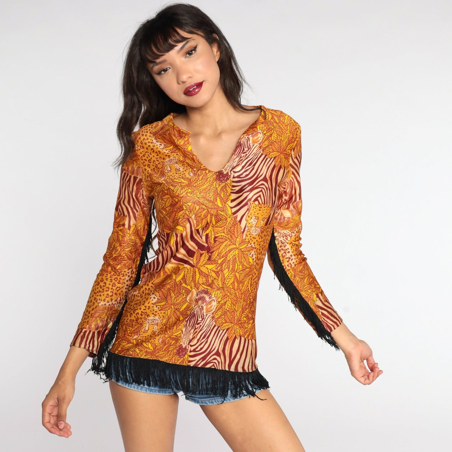 70s Leopard Zebra Animal Print Blouse Fringe Trim Small